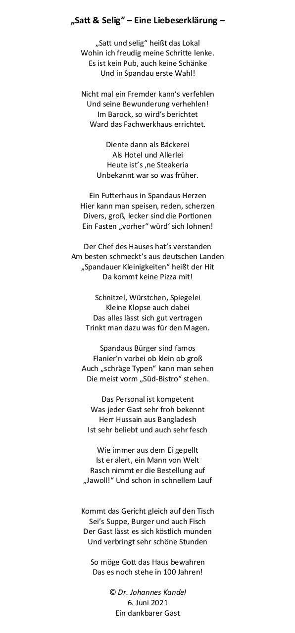 Gedicht "Satt & Selig" von © Dr. Johannes Kandel, Historiker und freier Autor