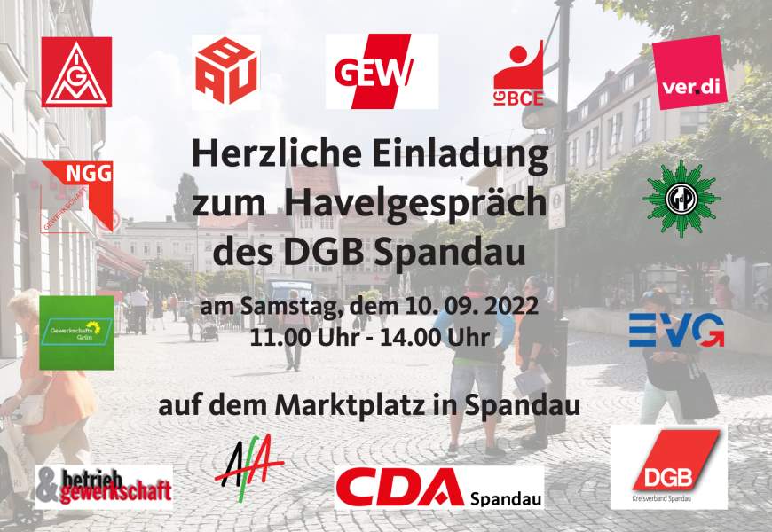 Flyer zum DGB-Havelgespräch am 10.9.2022 auf dem Marktplatz von 10-14 Uhr