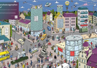 Wimmelbild Verschwörungsmythen - Themen : Politisch motivierte Kriminalität, Zivilcourage, Gewalt, Sachbeschädigung/Graffiti - Grafik: © Polizeiliche Kriminalprävention der Länder und des Bundes