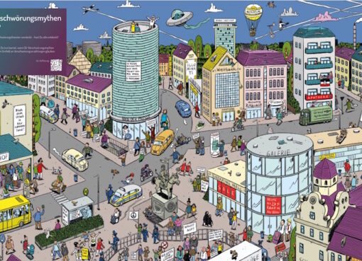 Wimmelbild Verschwörungsmythen - Themen : Politisch motivierte Kriminalität, Zivilcourage, Gewalt, Sachbeschädigung/Graffiti - Grafik: © Polizeiliche Kriminalprävention der Länder und des Bundes