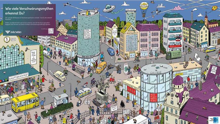 Wimmelbild Verschwörungsmythen - Themen : Politisch motivierte Kriminalität, Zivilcourage, Gewalt, Sachbeschädigung/Graffiti - Grafik: © Polizeiliche Kriminalprävention der Länder und des Bundes